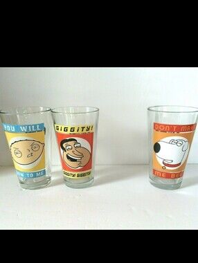 Family Guy Cartoon Pint Glasses Set of 3 Quagmire, Stewie, Brian 2011